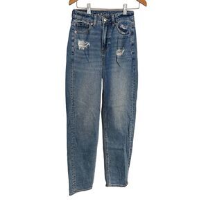 American Eagle Women's Mom Straight Jeans Size 000 Blue Distressed